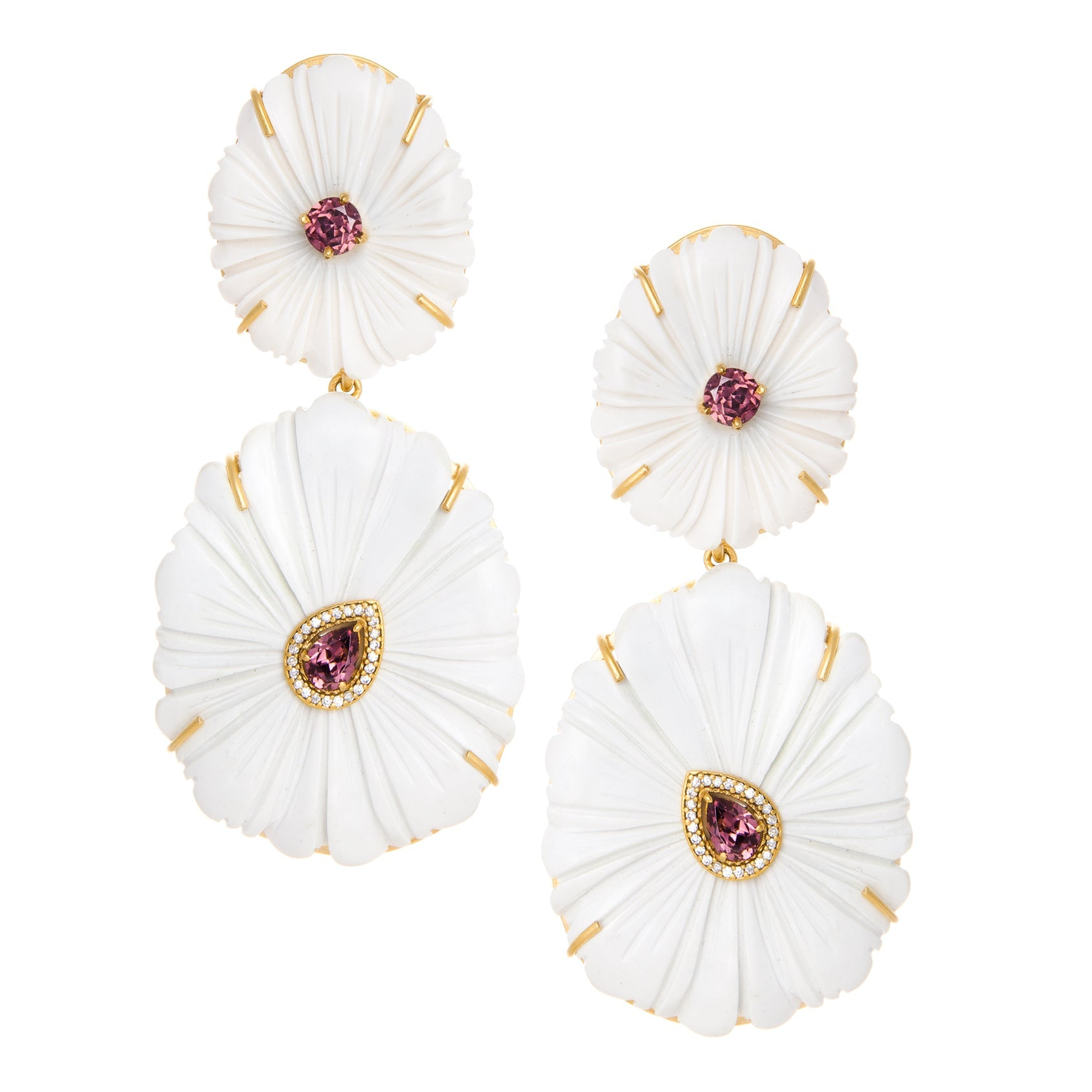 Carved White Agate and Garnet Flower Statement Earrings: The Emilia