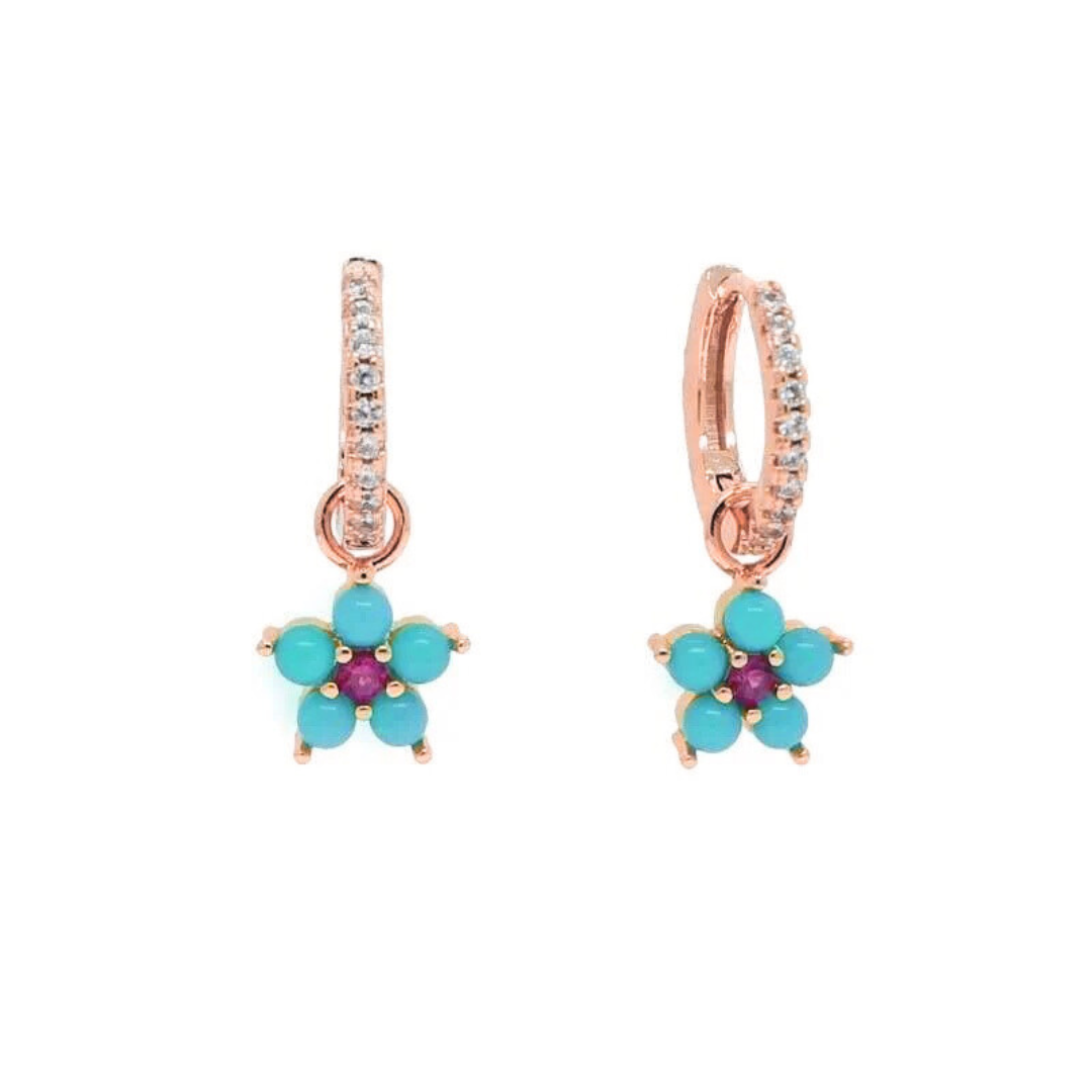 White Topaz, Turquoise and Ruby Flower Huggies in Rose Gold: The Carly