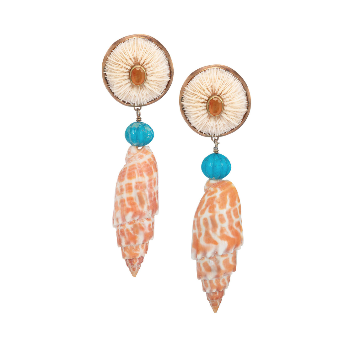 18k Gold Mushroom Coral, Turquoise and Shell Earrings: The Elena