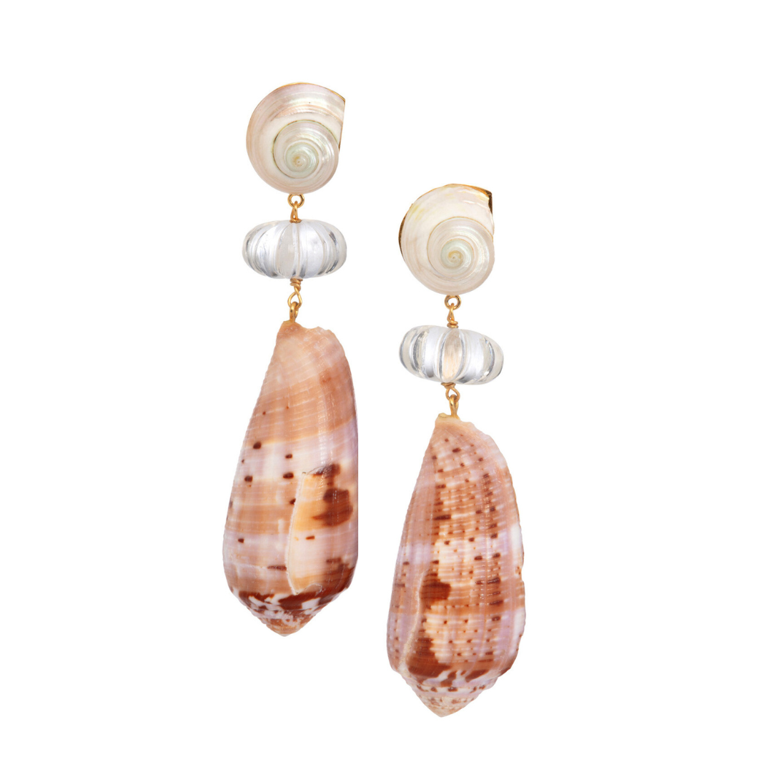 18k Gold Vermeil Carved Clear Quartz & Natural Seashell Earrings: The Danielle