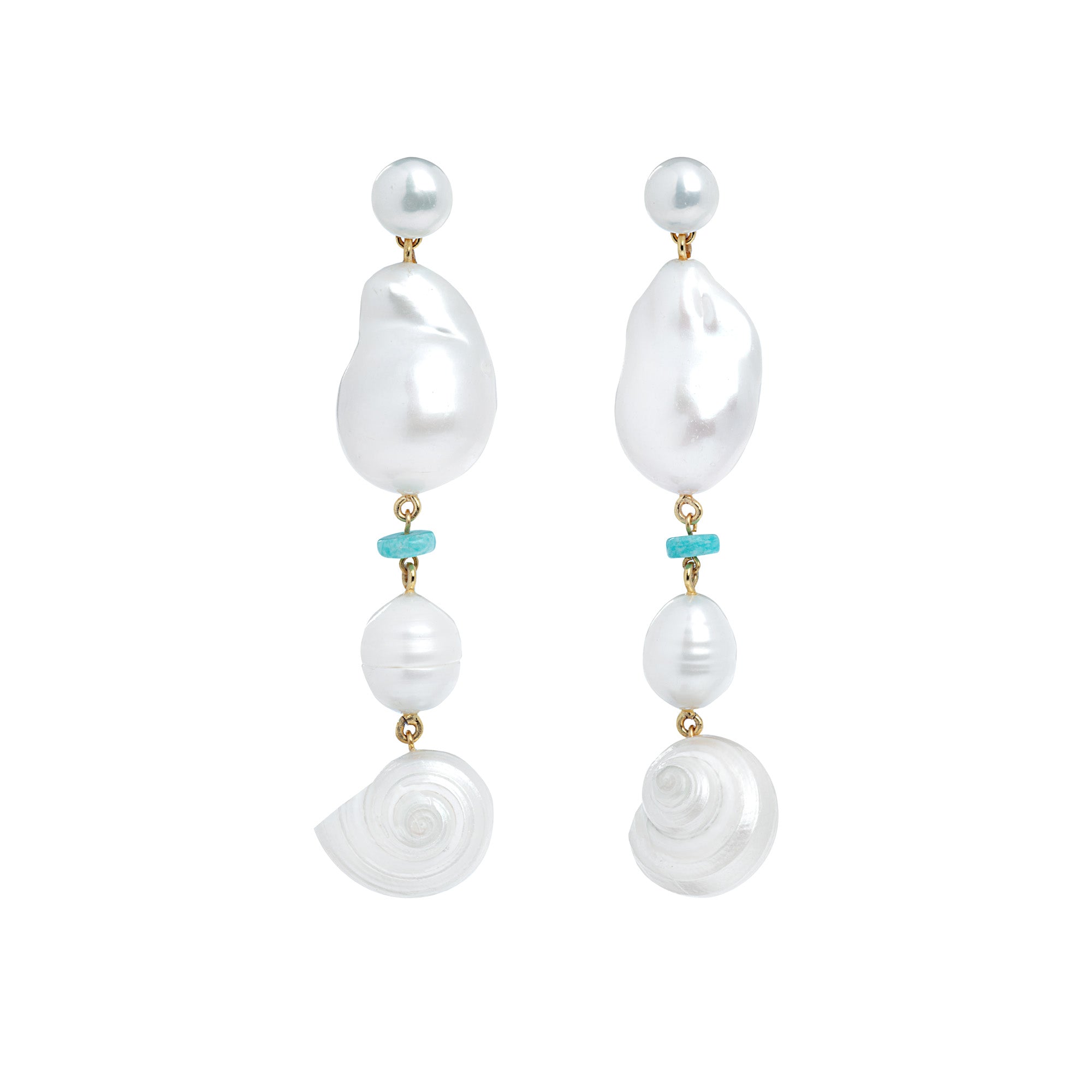 18k Gold Vermeil Natural Sea Shell, Gemstone And Baroque Pearl Drop Earrings in Amazonite: The Marguerite