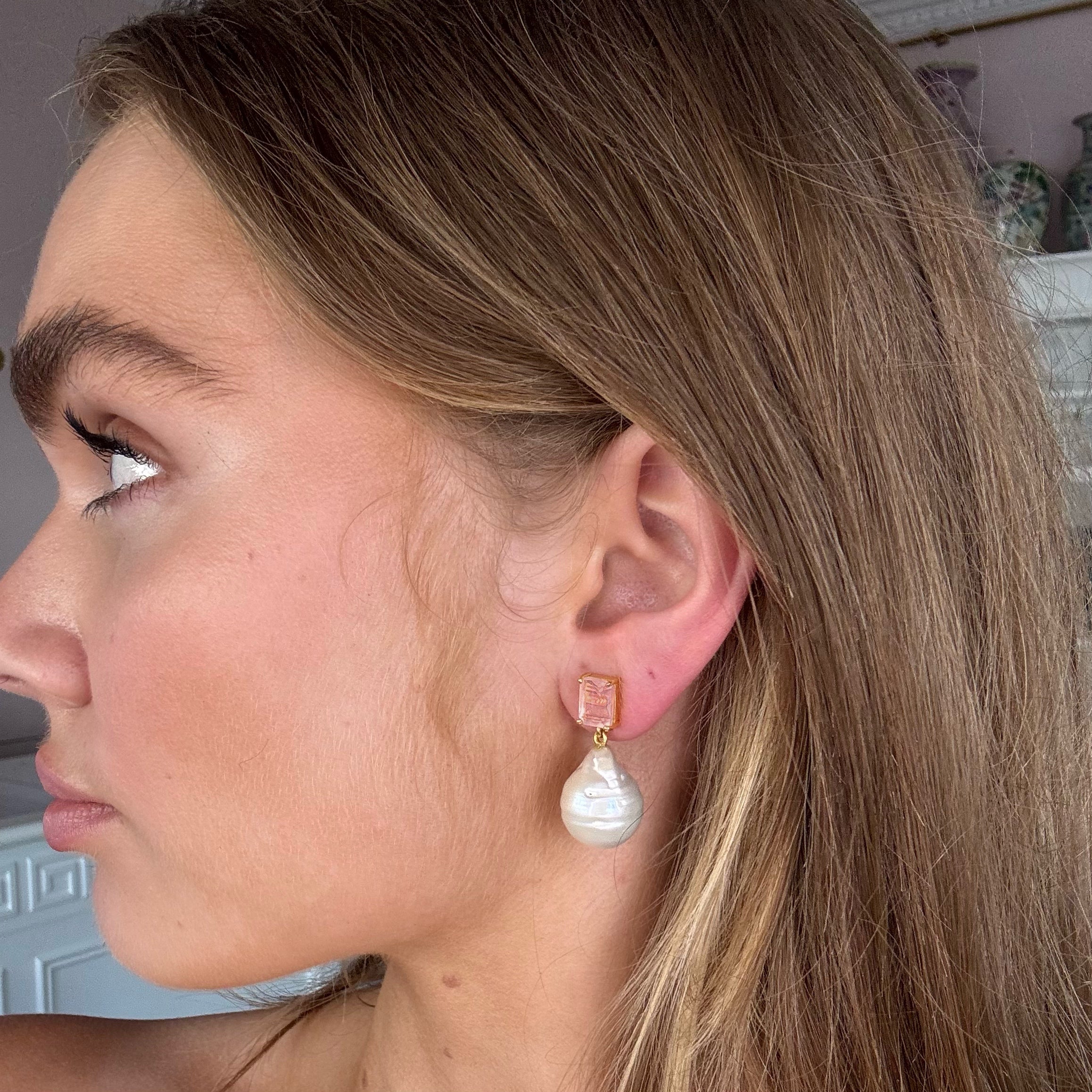 Rose Quartz And Baroque Pearl Earrings: The Bellen