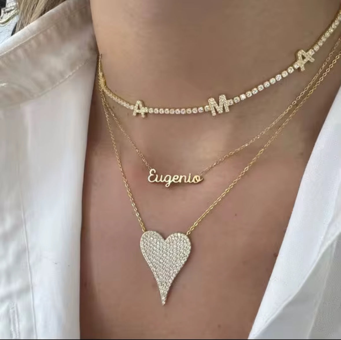 White Topaz & Gold Encrusted Love Heart Pendant Necklace (Large): The Lia