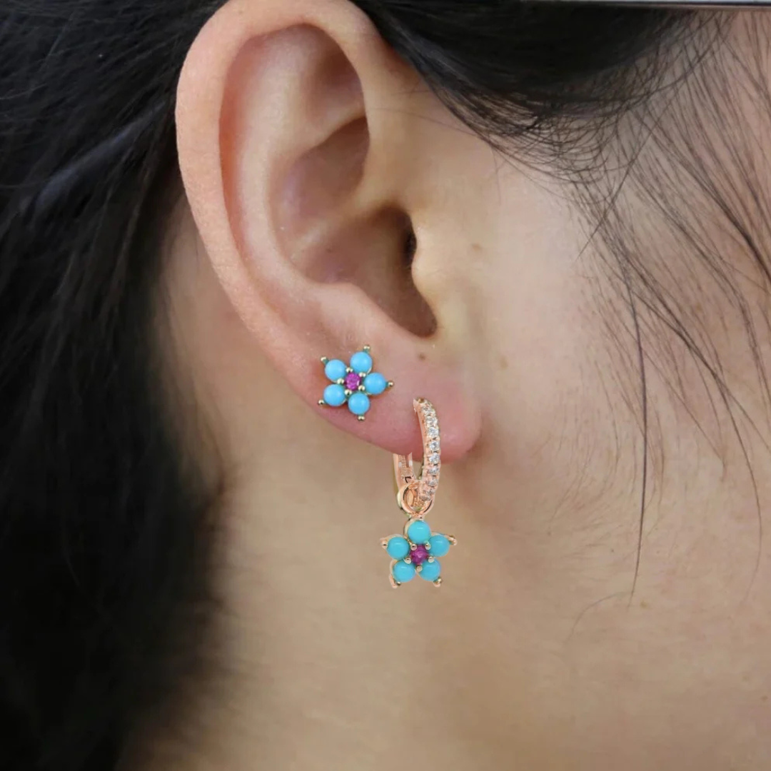 5 for 60% Off - White Topaz, Turquoise and Ruby Flower Huggies in Rose Gold: The Carly