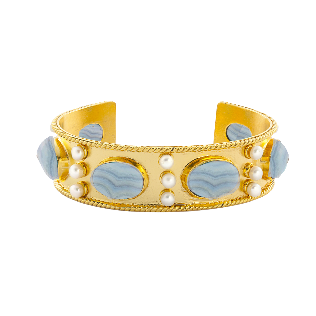 Blue Lace Agate and Pearl Cuff Bracelet: The Viviene