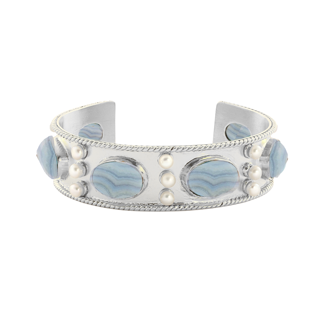 Blue Lace Agate and Pearl Cuff Bracelet: The Viviene