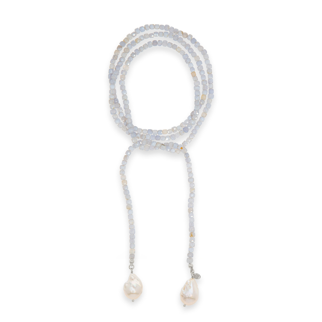 Blue Lace Agate And Baroque Pearl Lariat Necklace: The Lara