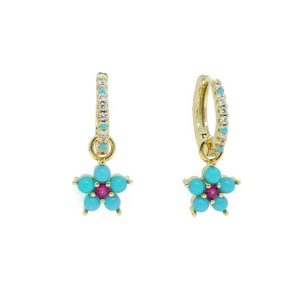 18k Gold Vermeil White Topaz, Turquoise and Ruby Flower Huggies: The Carly