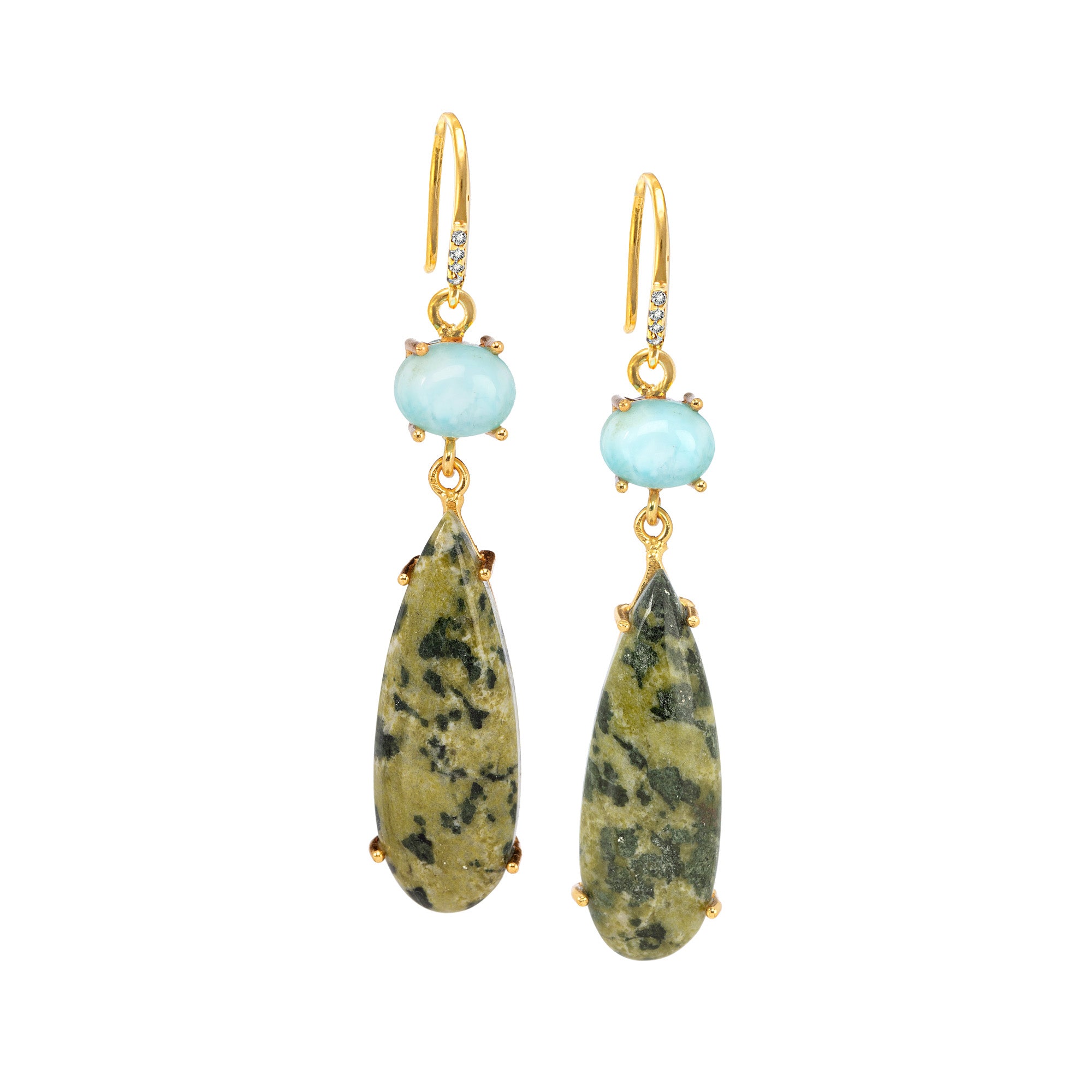 18k Gold Vermeil Larimar and Gogunjula Hook Earrings: The Claudia