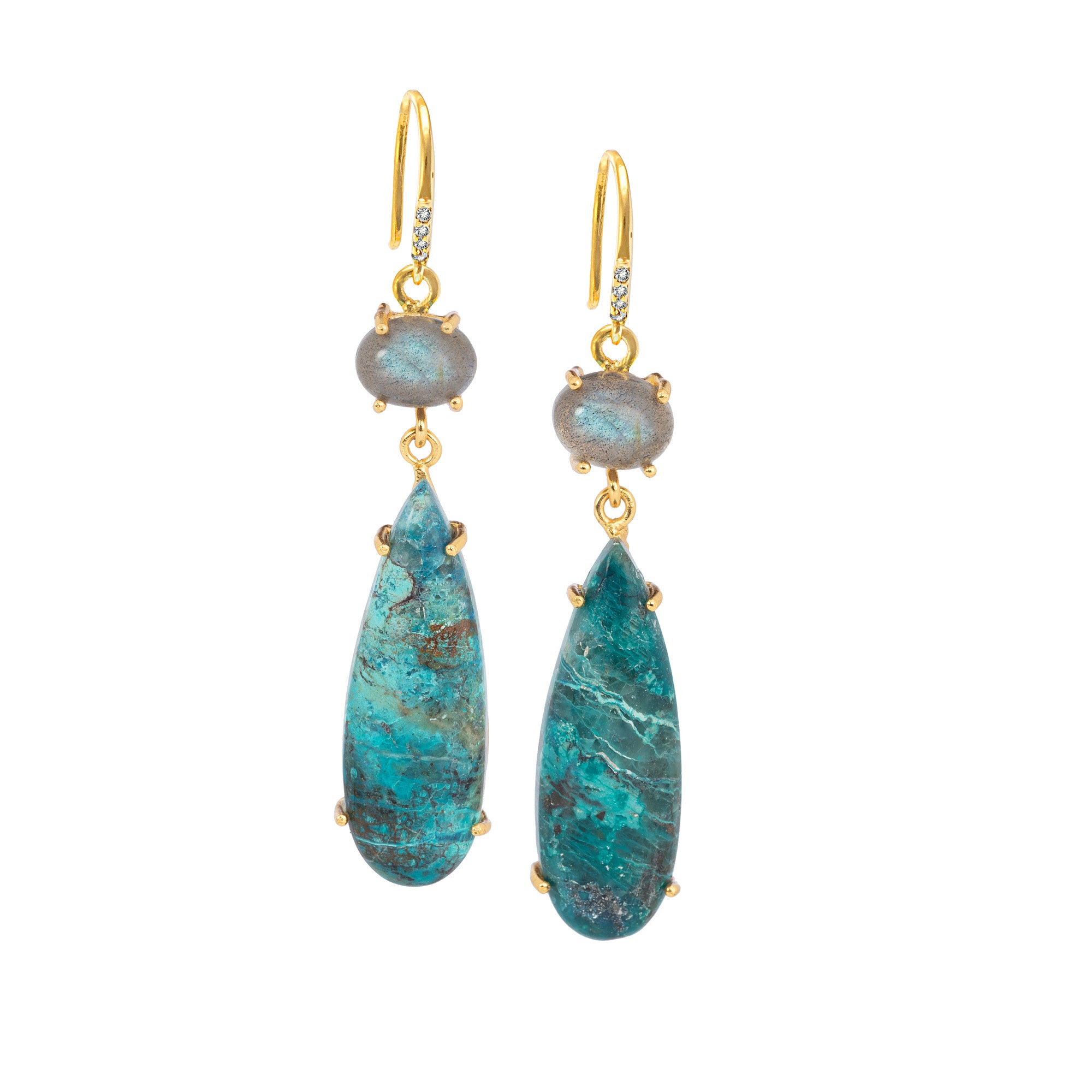 18k Gold Vermeil Labradorite and Shattuckite Hook Earrings: The Claudia