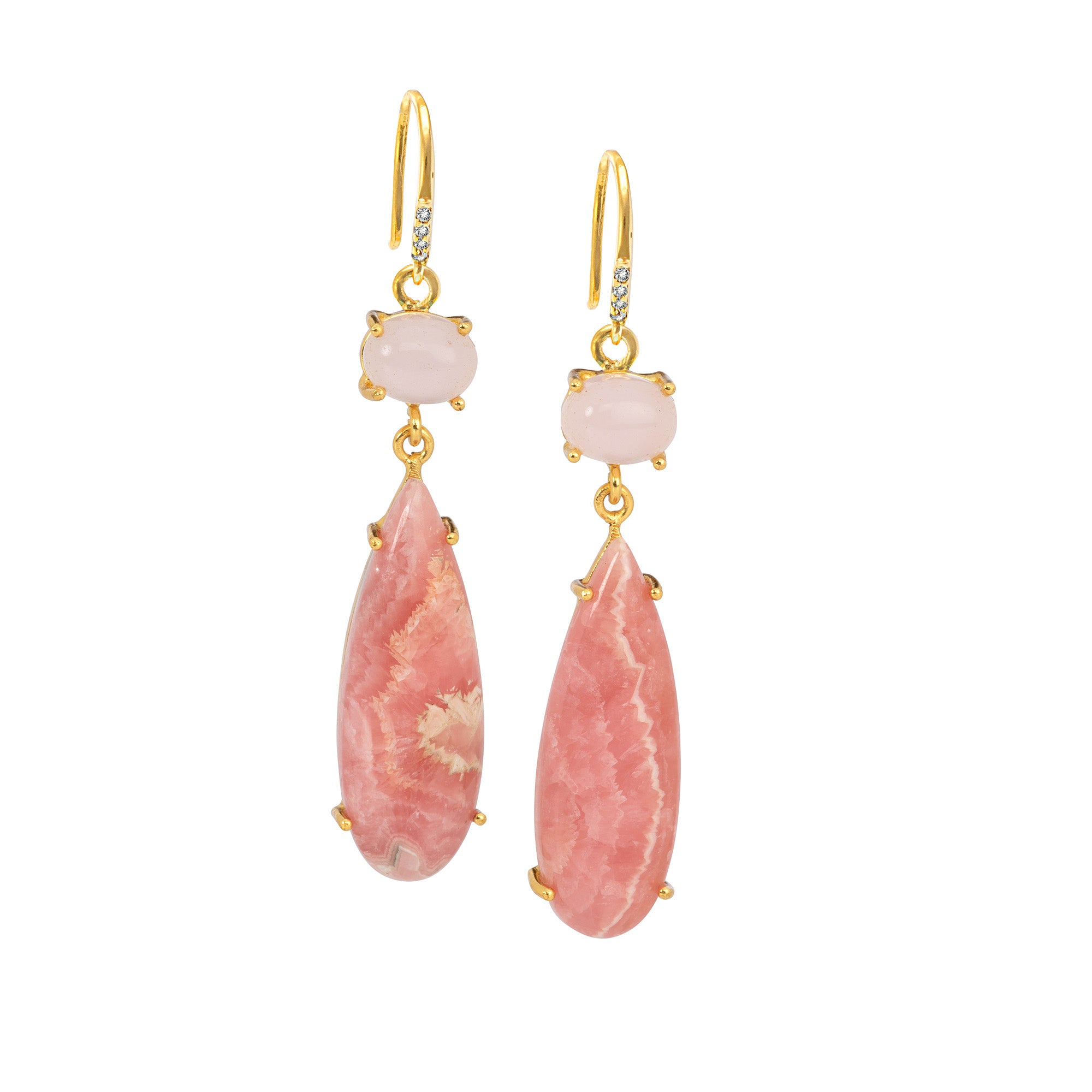 18k Gold Vermeil Rose Quartz  and Rhodochrosite Hook Earrings: The Claudia